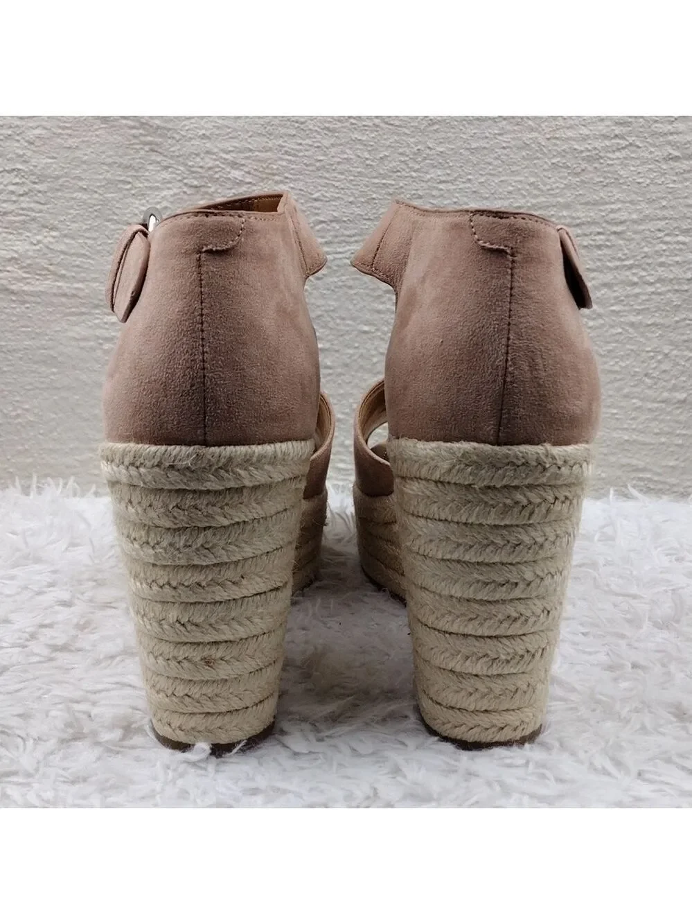 NINE West Adell Pink Faux Suede Open Toe Ankle Strap Platform Wedge Espadrilles